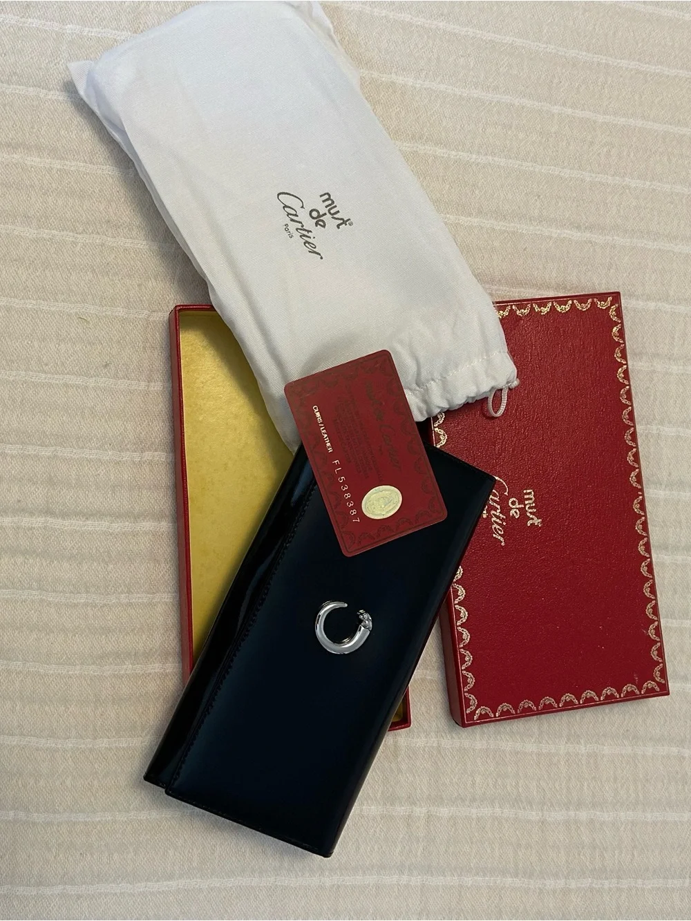 Cartier Black Patent Leather Men's Wallet with Red Certificate Card